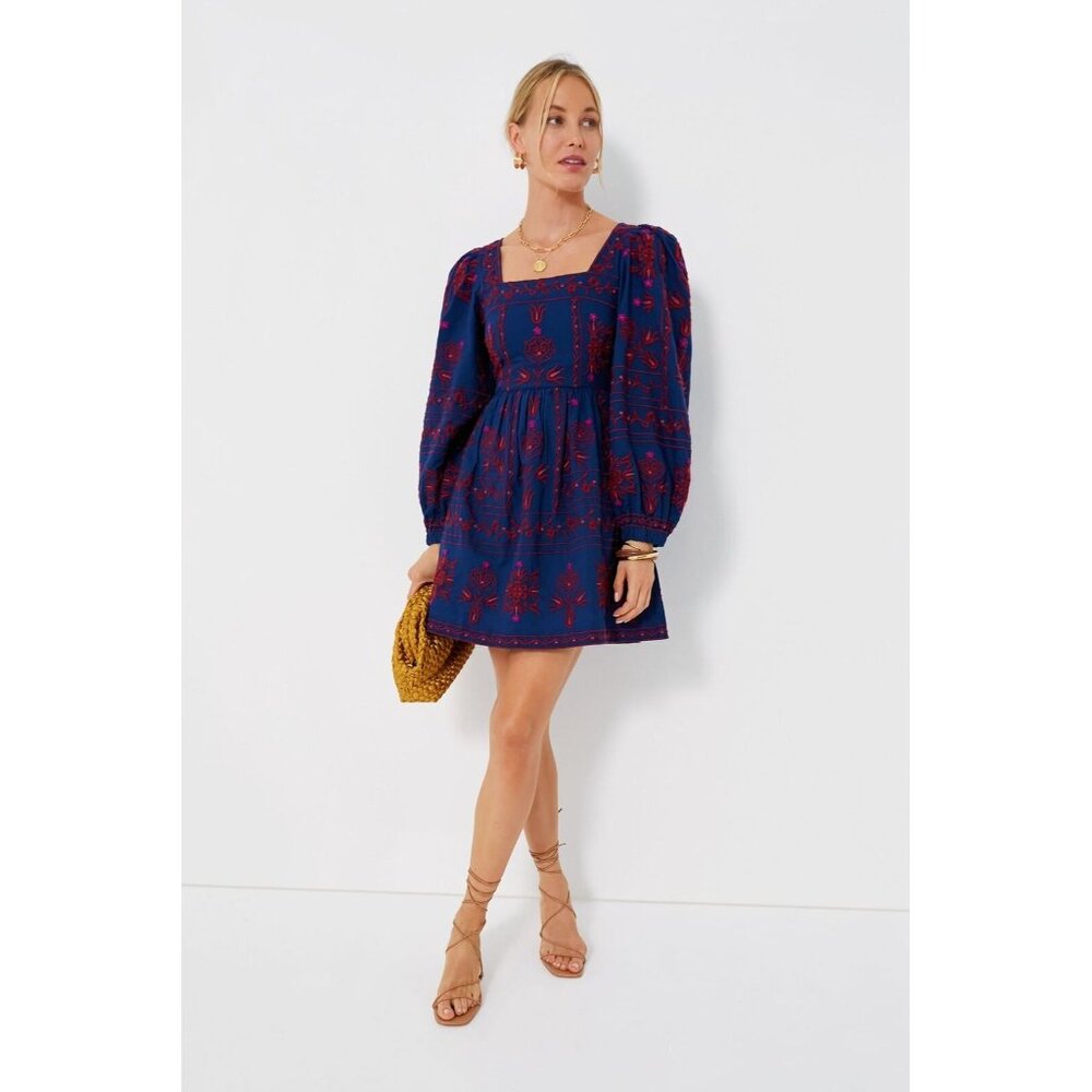 Sea NY Navy Petunia Embroidered Long Sleeve Square Neck Dress sz 2 Sea New York